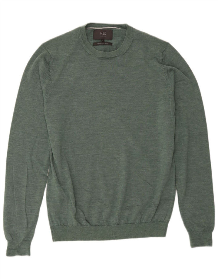 Suéter masculino Marks & Spencer com gola redonda, lã merino verde médio