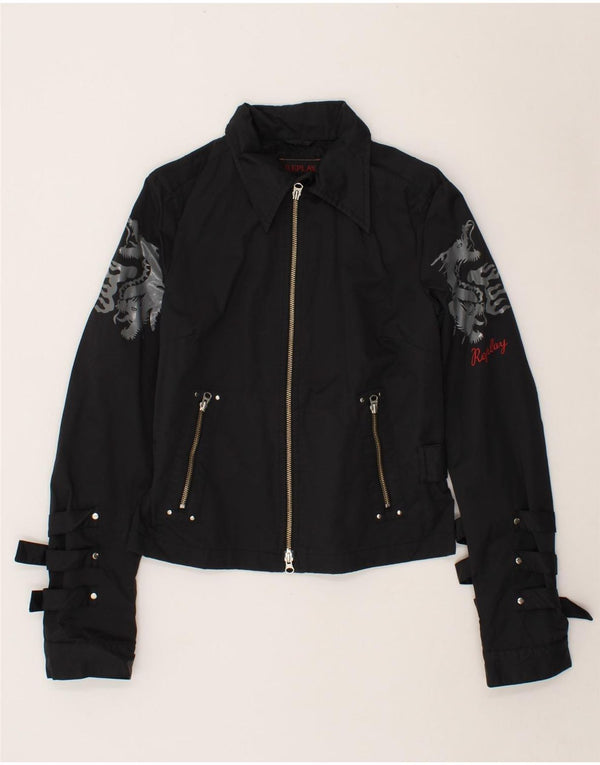 REPLAY Womens Graphic Bomber Jacket UK 14 Large Black Cotton