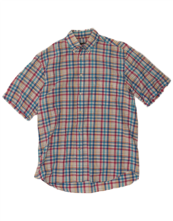 Camisa masculina de manga curta Paul & Shark pequena de algodão xadrez multicolorido