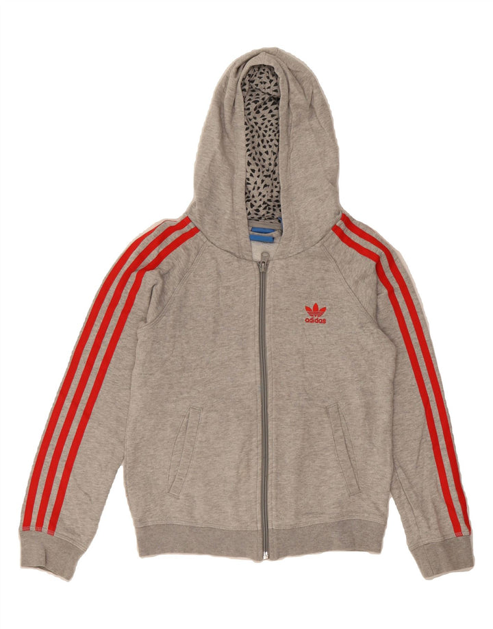 ADIDAS Girls Graphic Zip Hoodie Sweater 9-10 Years Grey Vintage Adidas and Second-Hand Adidas from Messina Hembry 