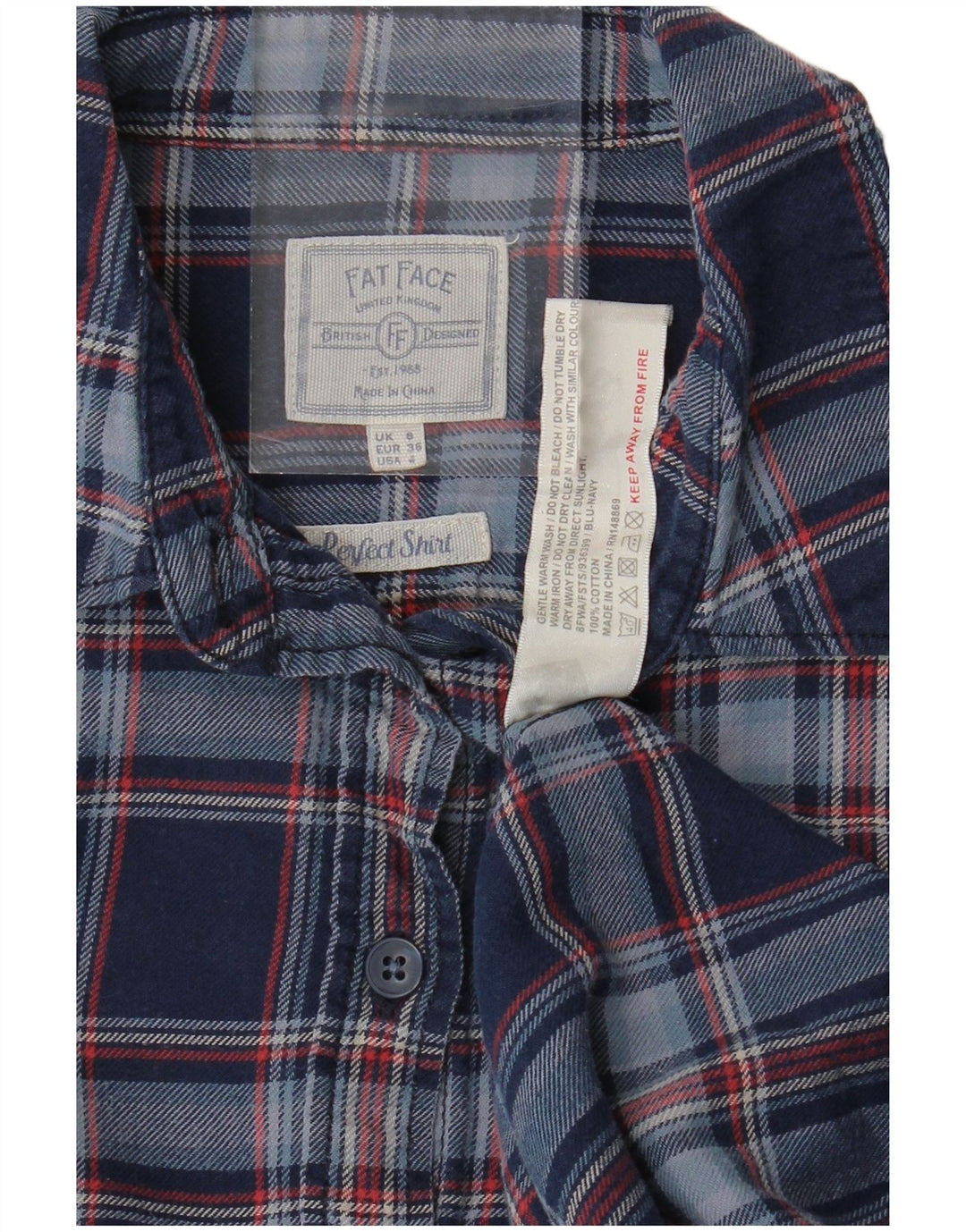 Camisa feminina de flanela FAT FACE UK 8 pequena algodão xadrez azul marinho