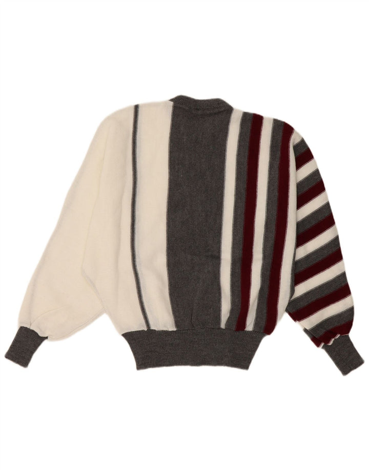 Suéter feminino vintage Batwing com gola redonda Reino Unido 14 listrado branco médio