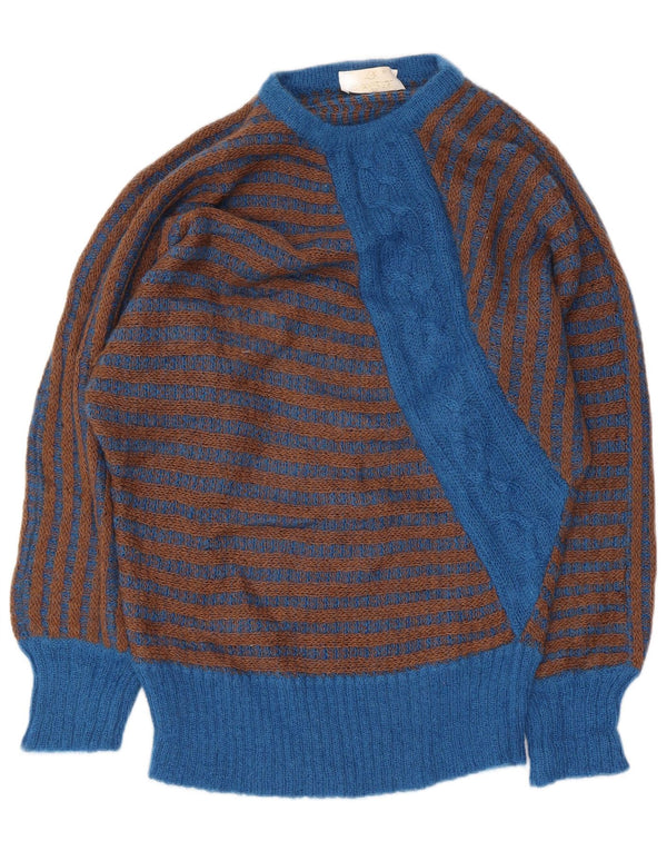 Suéter feminino vintage com gola redonda Reino Unido 16 grande mohair listrado azul