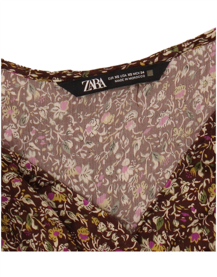 Vestido feminino ZARA de manga comprida UK 6 XS marrom floral
