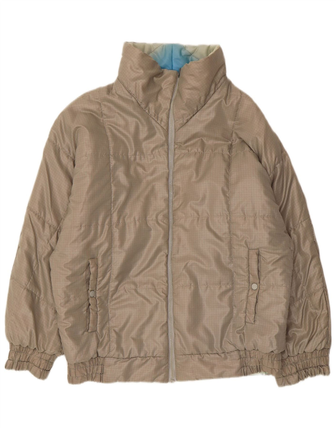 Jaqueta acolchoada feminina vintage UK 14 sintético azul médio Chevron