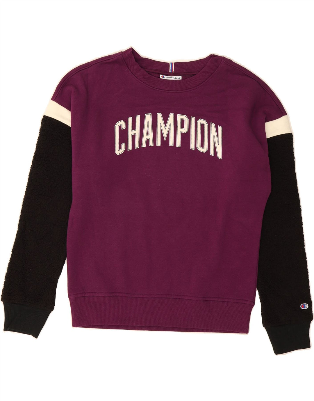 CHAMPION Womens Oversized Sweatshirt Jumper UK 6 XS Purple Colourblock Vintage Champion and Second-Hand Champion from Messina Hembry 