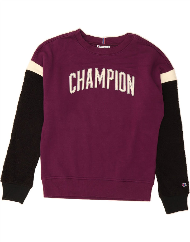 CHAMPION Womens Oversized Sweatshirt Jumper UK 6 XS Purple Colourblock Vintage Champion and Second-Hand Champion from Messina Hembry 