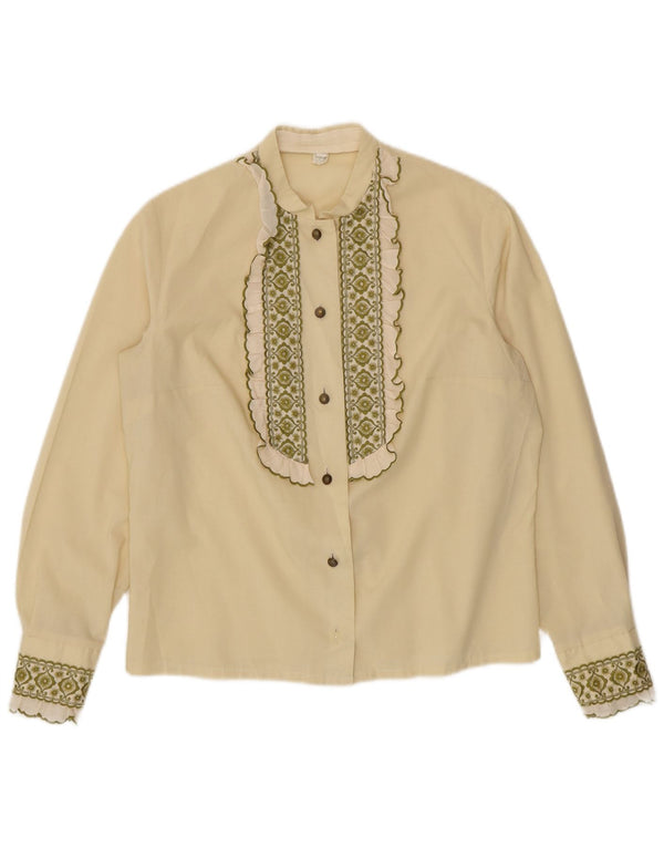 Blusa feminina vintage com babados na frente UK 14 médio off white floral