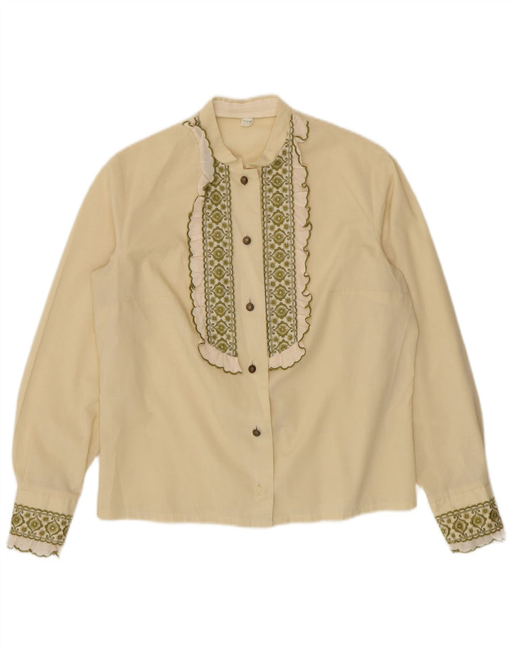 Blusa feminina vintage com babados na frente UK 14 médio off white floral