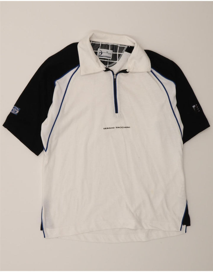 Camisa polo masculina Sergio Tacchini pequena branca de algodão colorblock
