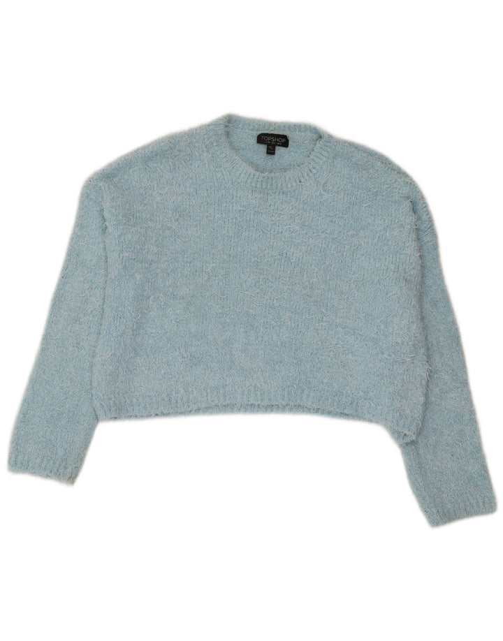 Topshop Suéter feminino cropped com gola redonda Reino Unido 12 poliéster azul médio
