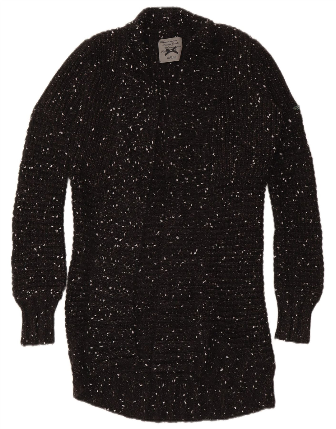 Suéter de cardigã aberto com palangre feminino Gaudi Reino Unido 10 pequeno preto manchado de nylon