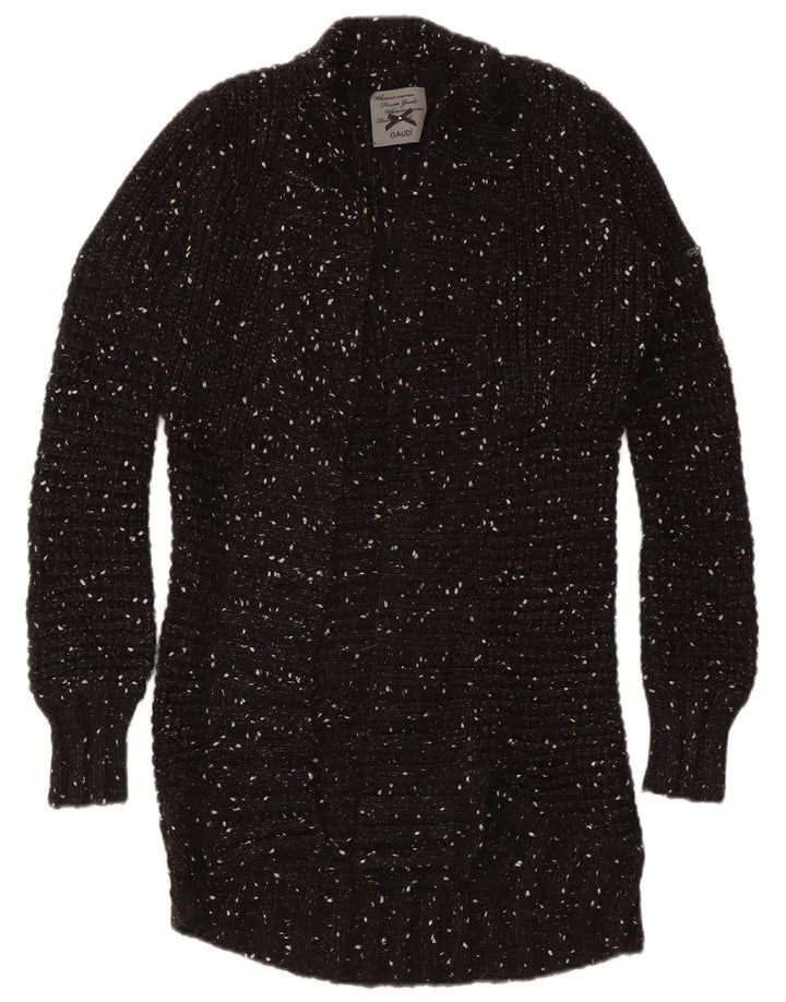 Suéter de cardigã aberto com palangre feminino Gaudi Reino Unido 10 pequeno preto manchado de nylon