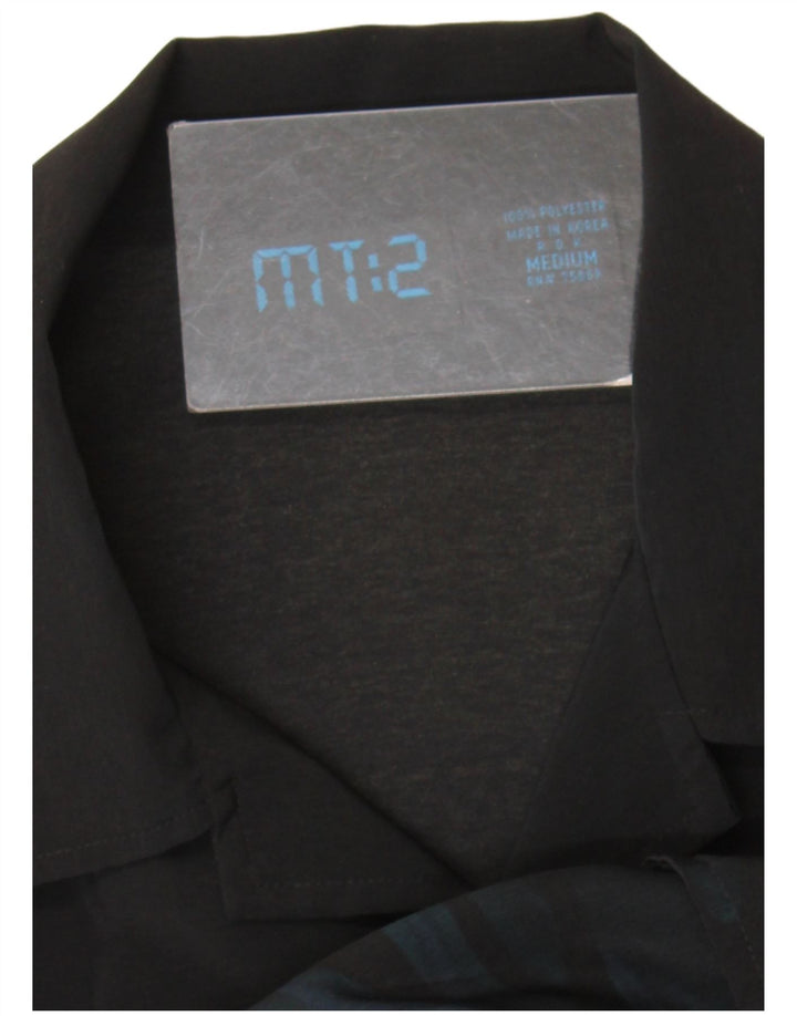 Vintage masculino abstrato Padrão camisa de manga curta poliéster preto médio