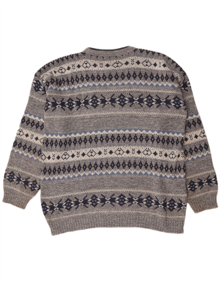 Suéter masculino vintage com gola redonda grande cinza Fair Isle