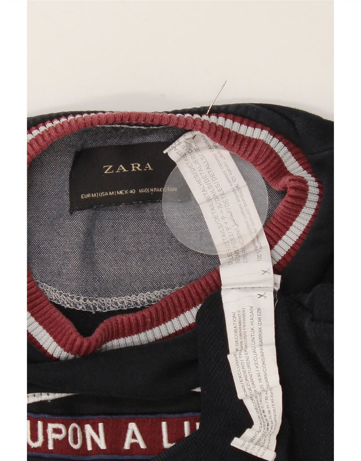 Zara moletom gráfico masculino jumper médio azul marinho algodão