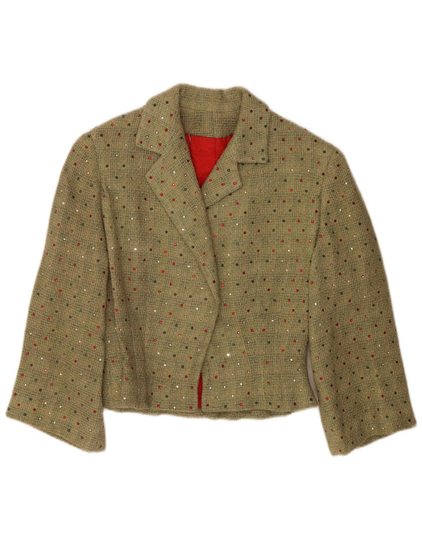 Jaqueta blazer vintage feminina colheita manga 3/4 Reino Unido 12 verde médio manchado