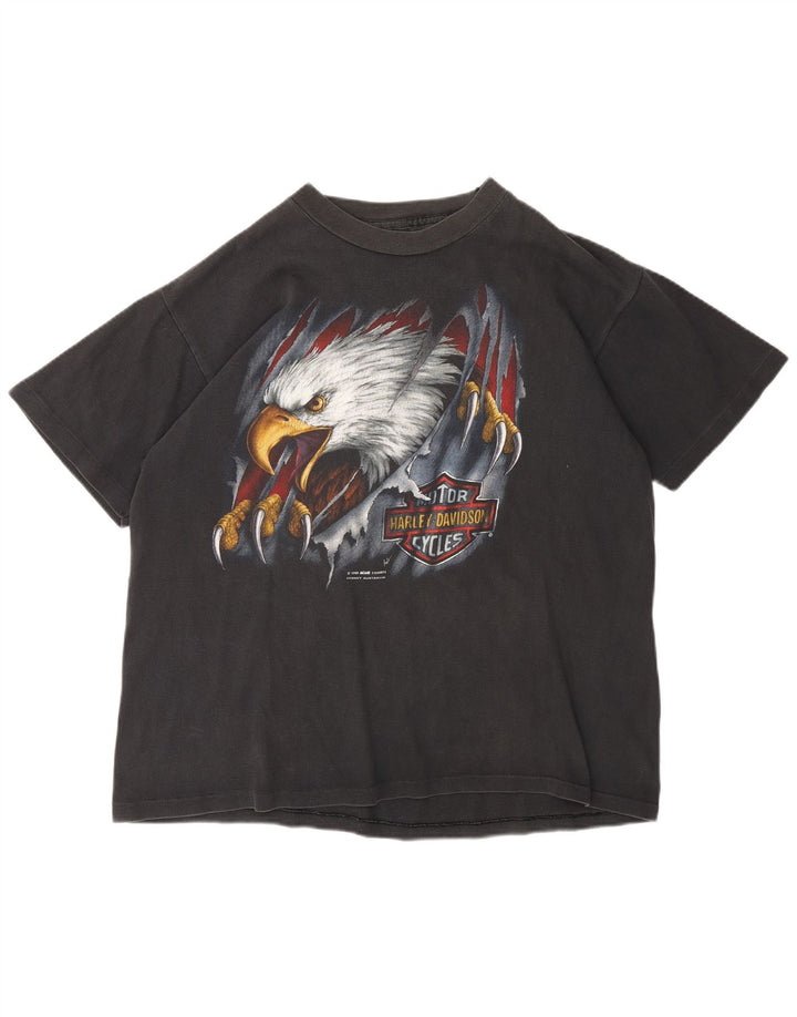 Camiseta gráfica masculina Harley Davidson 1990 Top cinza médio de algodão para motocicleta