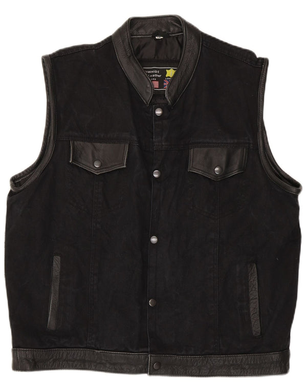 Colete utilitário de couro masculino vintage UK 44 2XL couro preto