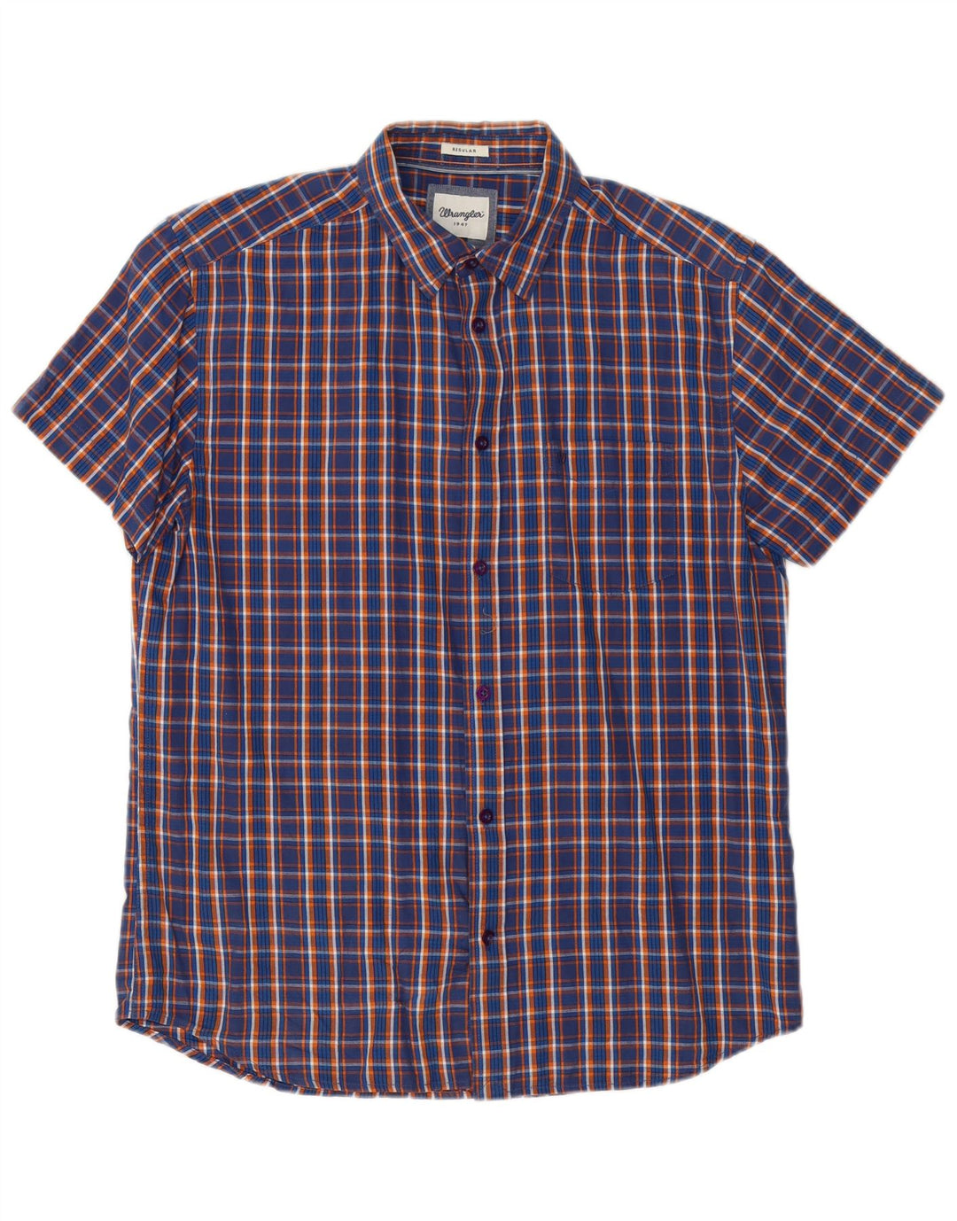 Camisa Wrangler masculina de manga curta regular fit grande algodão xadrez azul marinho