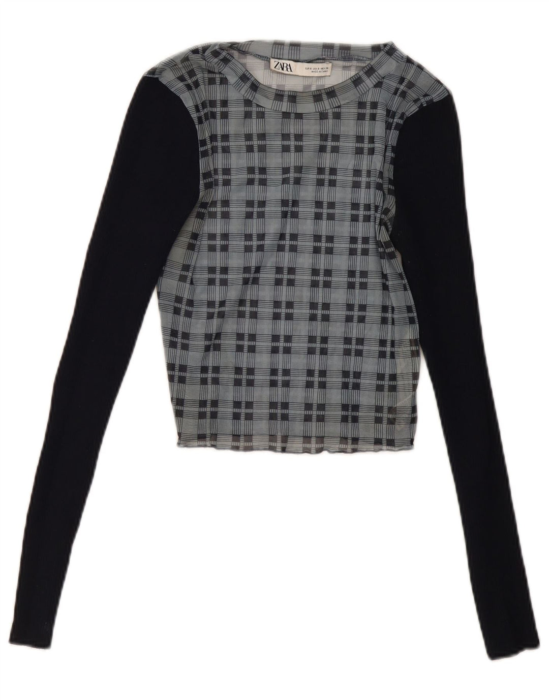 Zara blusa feminina cropped manga comprida top Reino Unido 8 pequena xadrez azul marinho