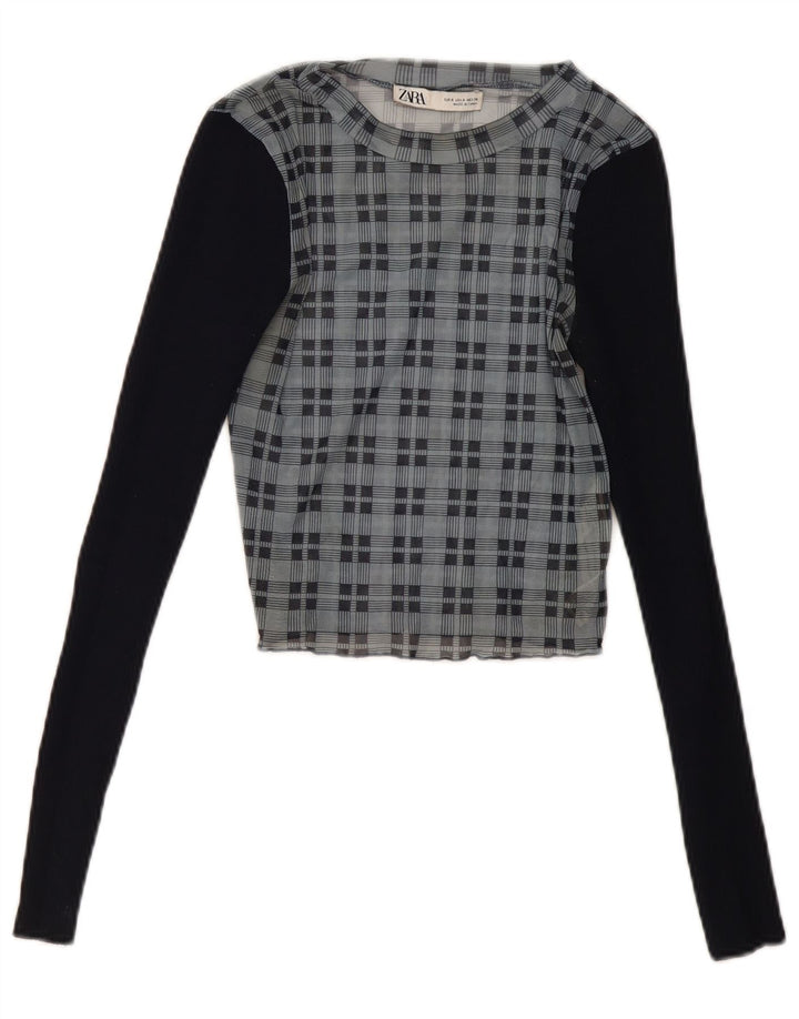 Zara blusa feminina cropped manga comprida top Reino Unido 8 pequena xadrez azul marinho