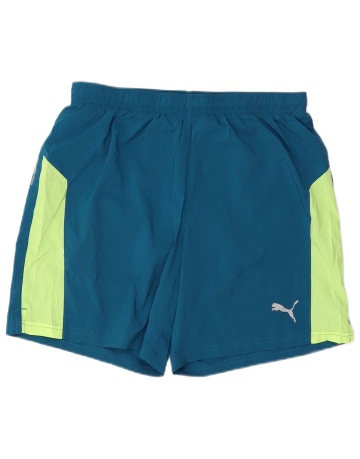 Shorts esportivos masculinos PUMA grande bloco colorido azul