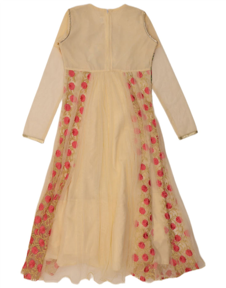 Vestido feminino VINTAGE manga comprida linha A US 6 médio bege floral