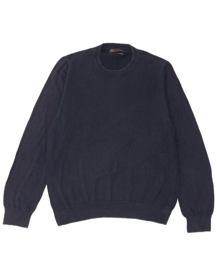 Suéter masculino Marks & Spencer com gola redonda, grande algodão azul marinho
