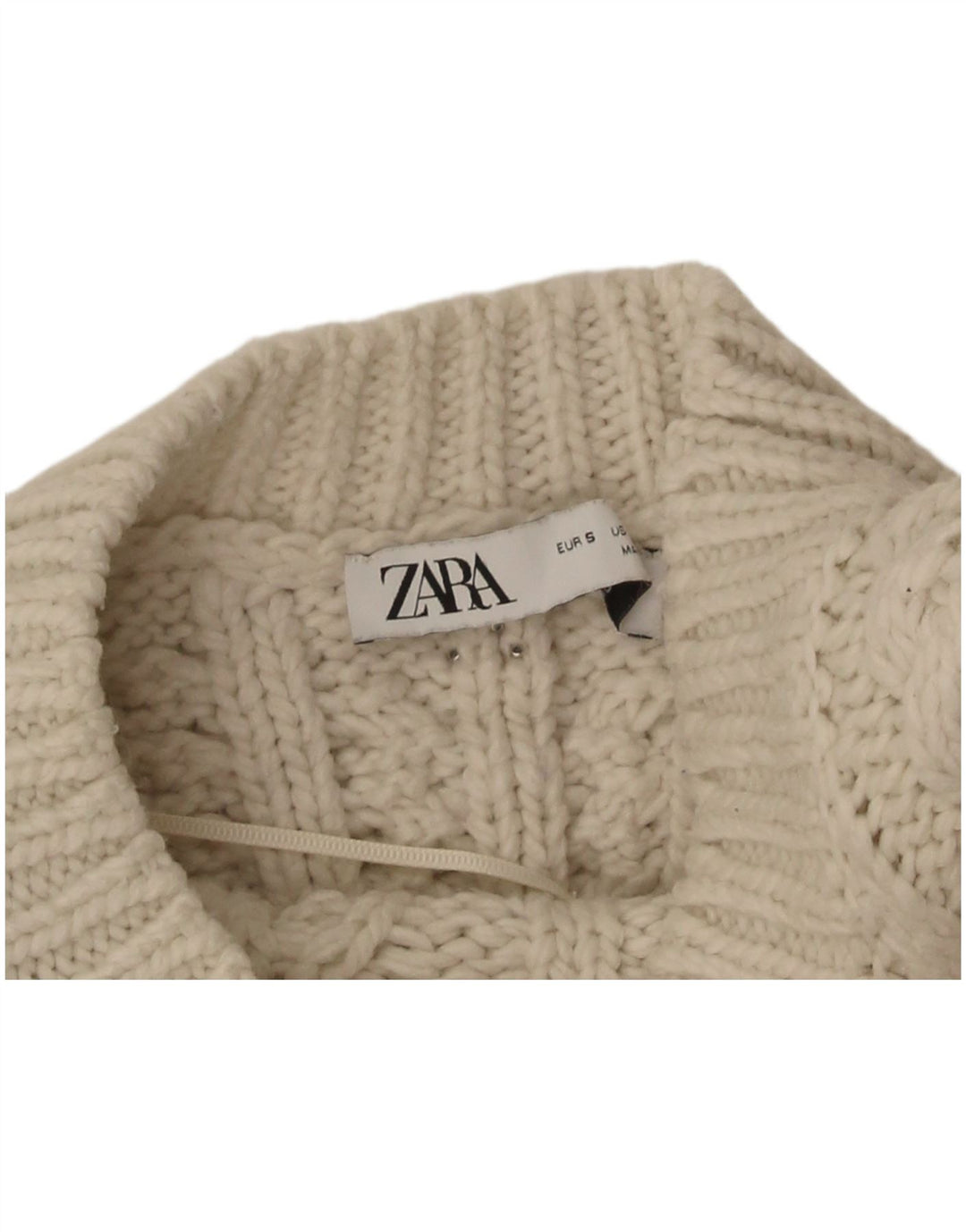 Zara Suéter feminino cropped com gola redonda Reino Unido 8 pequeno poliéster branco