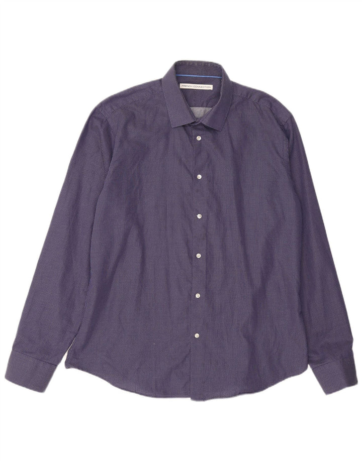 Camisa masculina French Connection tamanho 17 XL azul marinho algodão manchado