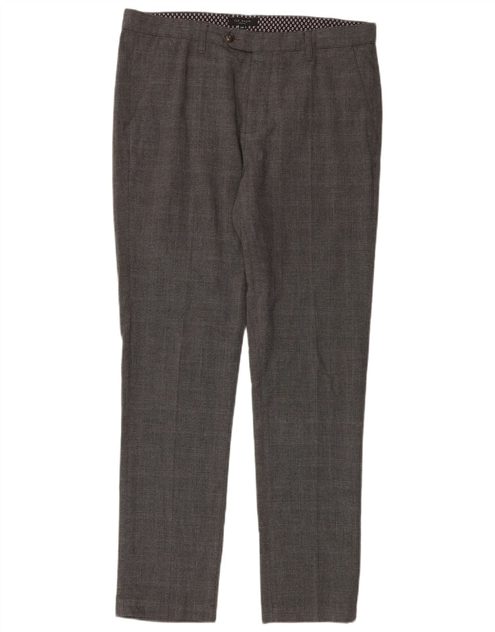 Calça de terno slim masculina TED BAKER W34 L32 poliéster xadrez cinza