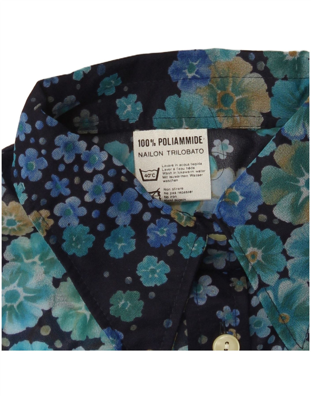 Blusa feminina VINTAGE Reino Unido 10 pequena azul marinho floral poliamida