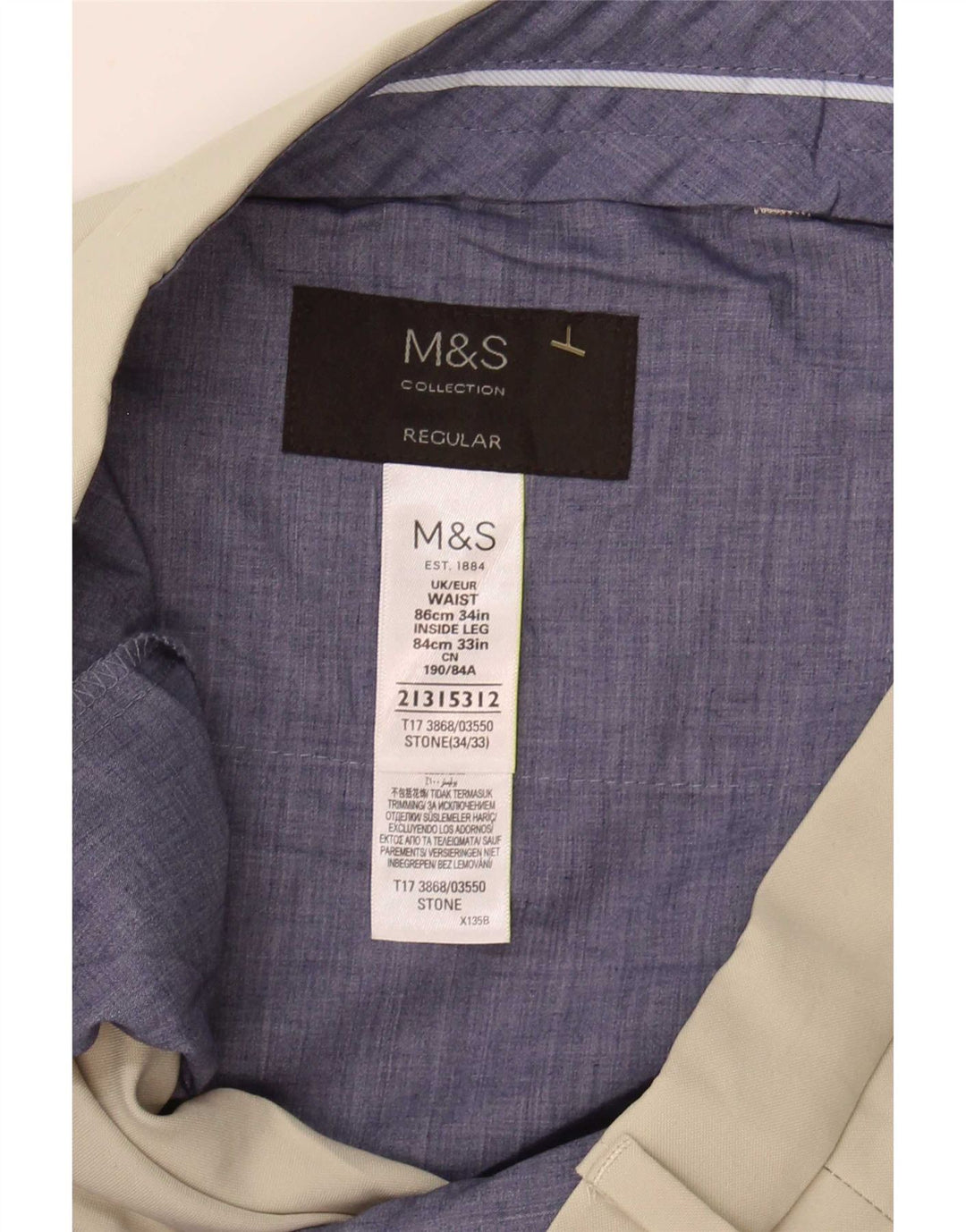 Calça masculina de terno regular Marks & Spencer W34 L33 poliéster bege