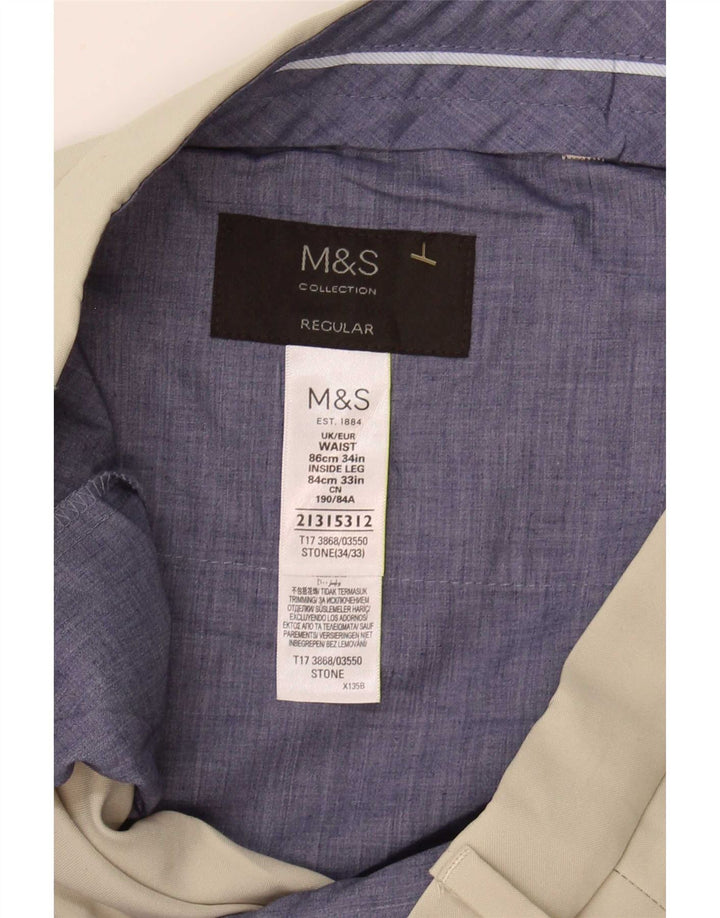 Calça masculina de terno regular Marks & Spencer W34 L33 poliéster bege
