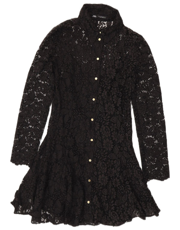 Vestido camisa feminino Zara manga comprida renda Reino Unido 6 XS preto nylon