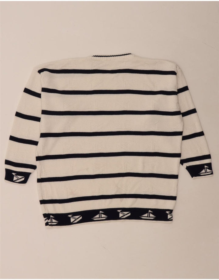 Suéter masculino VINTAGE com gola redonda grande listrado branco