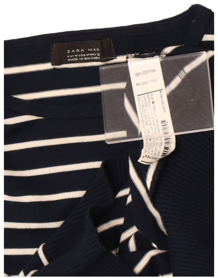 Zara Suéter masculino com gola redonda e algodão listrado azul marinho médio