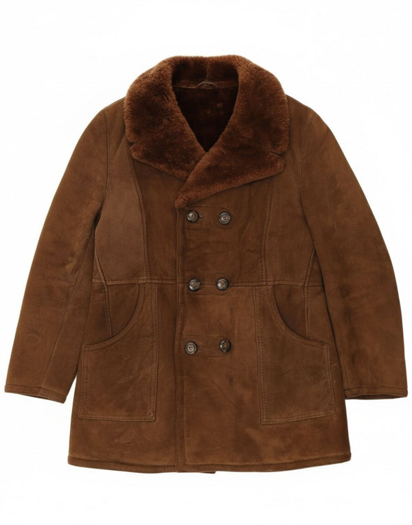Jaqueta masculina vintage de peito duplo shearling IT 54 2XL couro marrom