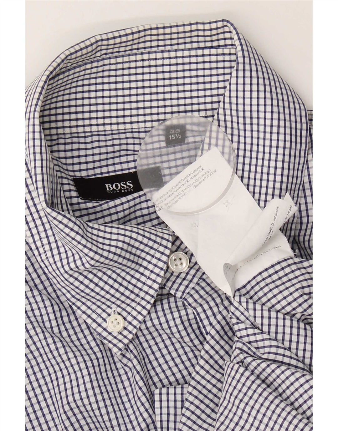 Camisa masculina Hugo Boss tamanho 39 15 1/2 algodão guingão azul médio