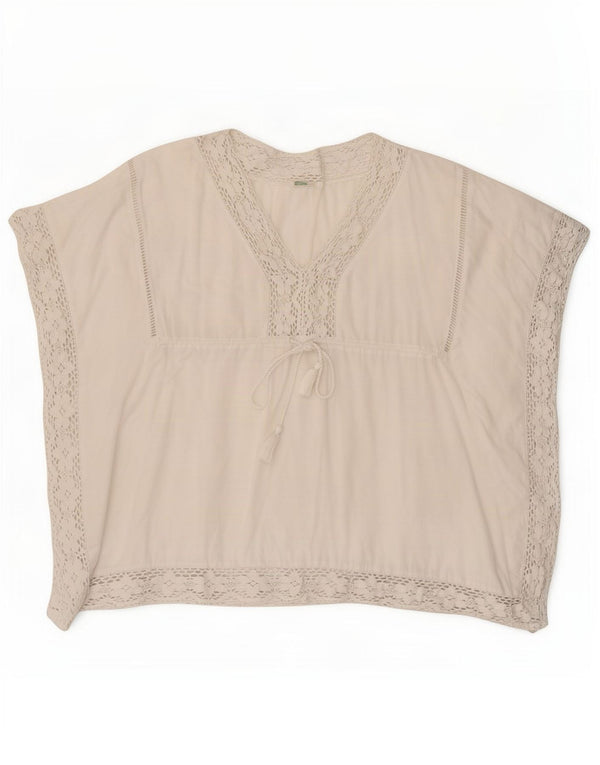 Blusa de praia feminina Benetton UK 14 algodão floral branco médio