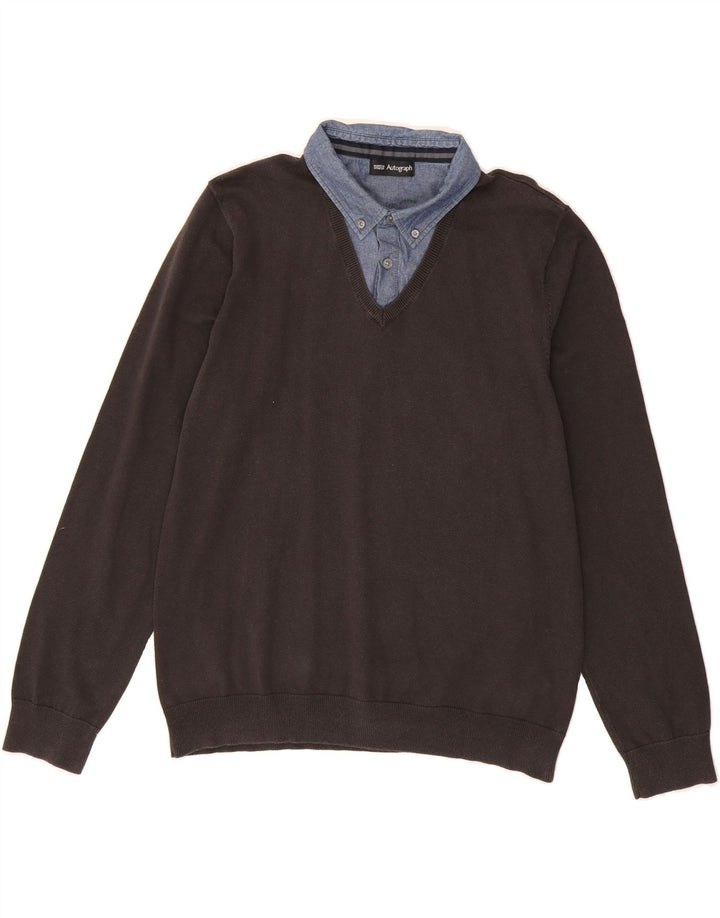 MARKS & SPENCER Mens Autograph V-Neck Jumper Sweater Large Grey Cotton Vintage Marks & Spencer and Second-Hand Marks & Spencer from Messina Hembry 