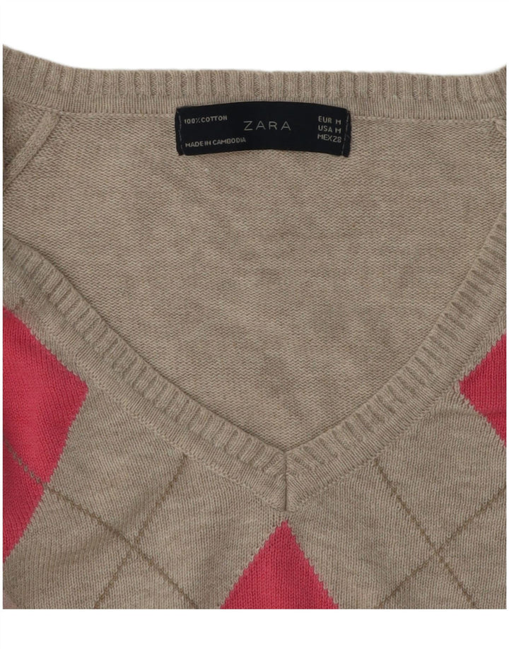 Zara Suéter feminino cropped com decote em V Reino Unido 12 cinza médio Argyle/Diamante