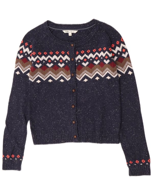 Suéter cardigã feminino Fat Face Reino Unido 8 pequeno azul marinho Fair Isle algodão