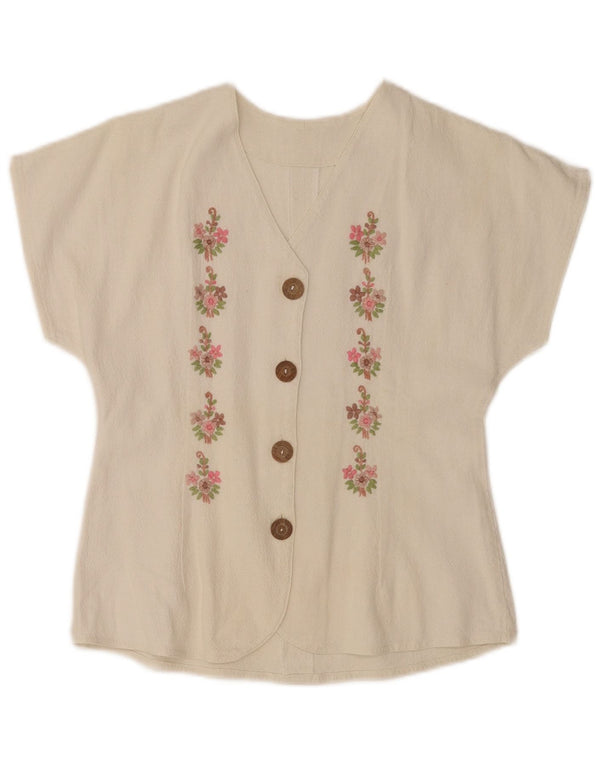 Blusa feminina vintage de manga curta UK 10 pequena floral esbranquiçada