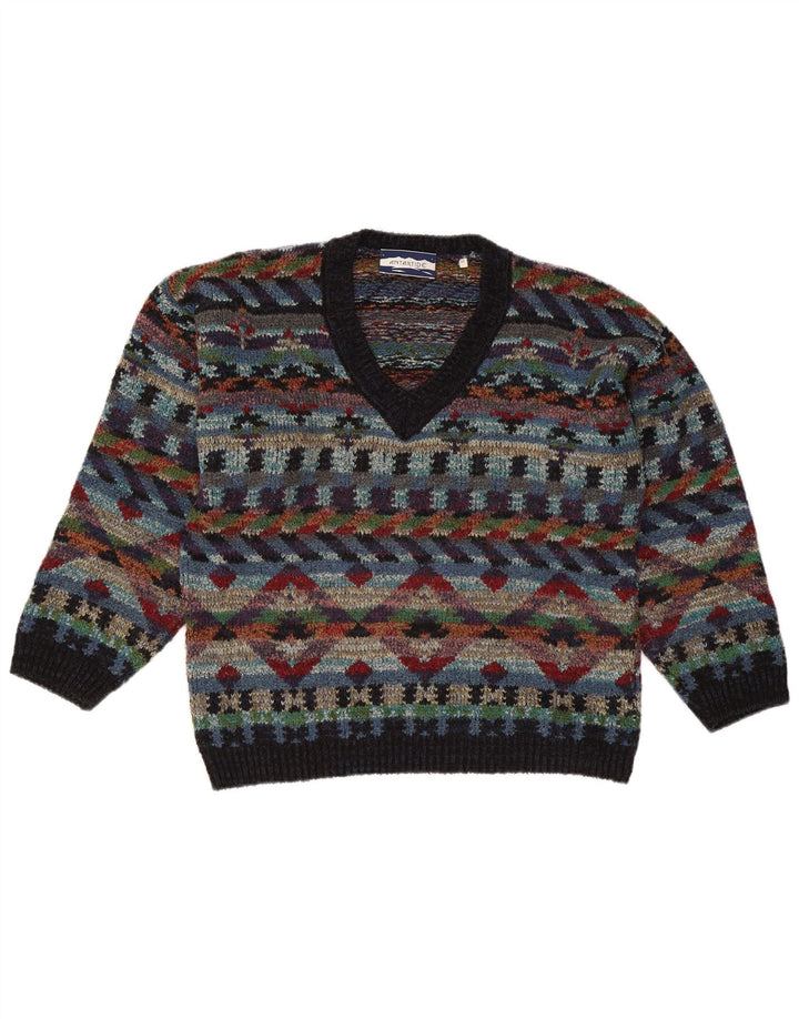Suéter masculino vintage com decote em V, lã geométrica multicolorida média