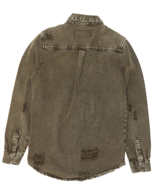 Camisa jeans masculina Zara com ajuste relaxado e desgastado pequeno algodão cáqui