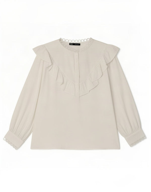 Zara blusa feminina manga 3/4 top UK 16 grande poliéster branco