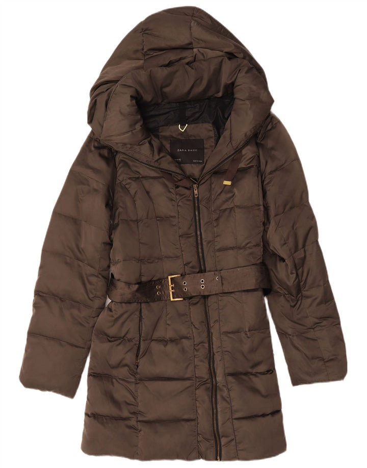 Casaco acolchoado com capuz feminino Zara UK 16 grande poliéster marrom