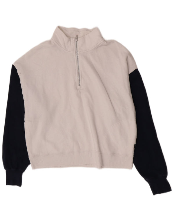 Suéter feminino Hollister com zíper e gola UK 14 bloco colorido branco médio